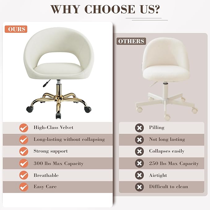 Vanity Chair with Wheels, Comfy Home Office Desk Chairs Adjustable Modern Velvet Makeup Chair for Bedroom Living Room, Soft Cushion Swivel Computer Task Chairs for Women-Beige