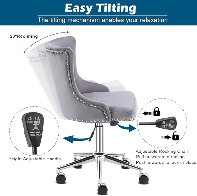 VINGLI Grey Velvet Armless Home Office Desk Chair with Silver Chrome Base/Wheels, Small Cute Vanity/Makeup Chair with Back for Bedroom, Upholstered Adjustable Rolling Swivel Nail Chair for Women/Girls