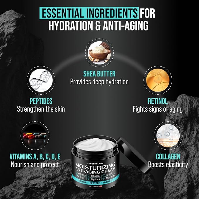 Mens Face Moisturizer Cream - Anti Aging & Wrinkle Face Cream - Mens Facial Moisturizer - Retinol, Collagen, Peptides, Vitamins E & A - Facial Skin Care - After Shave Lotion - Day & Night - 4 oz