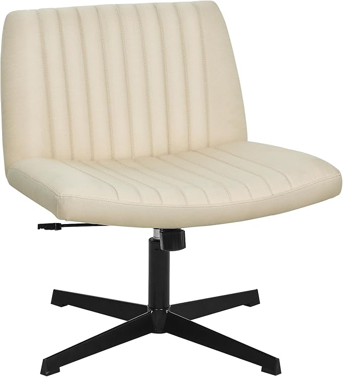 PayLessHere | Criss Cross Chair | Beige | Wide, Armless Desk Chair Without Wheels | 360 Swivel, Height Adjustable & Stable Metal Base | for Office, Home Office, Vanity Seating