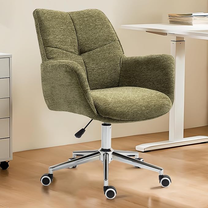 Home Office Desk Chair Swivel Ergonomic Computer Chair with Rolling Wheels, Adjustable Height Accent Armchair Upholstered Chenille for Living Room, Home Office, Study, Make Up, Green
