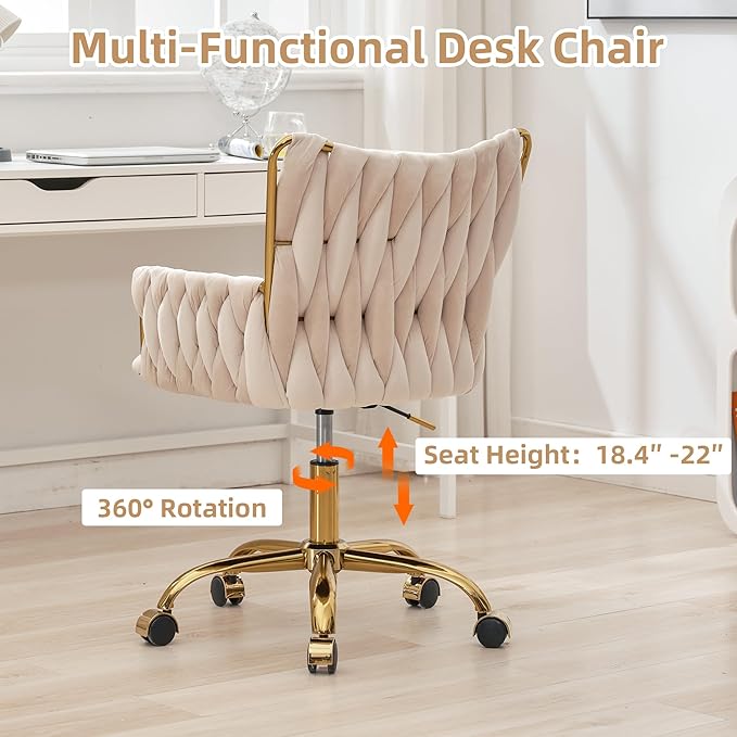 ABET Velvet Desk Chair with Wheels, Cute Upholstered Swivel Office Chair, Modern Gold Rolling Hand Woven Height Adjustable Armchair for Women Girls Home Makeup, Vanity, Nail Salon, Beige