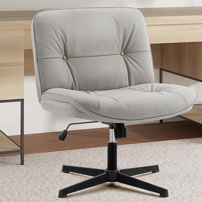 Sweetcrispy Armless-Office Desk Chair Without Wheels, Cross Legged Wide Chair, PU Leather Comfortable Adjustable Swivel Computer Task Chairs for Home,Office,Make Up,Small Space,Bed Room Grey