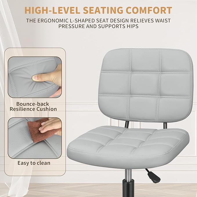 Armless Home Office Desk Chair with Wheels, Modern Ergonomic Drafting Rolling Chair with 360° Swivel Wheels,Height Adjustable Computer Task Chairs for Small Space, Light Grey