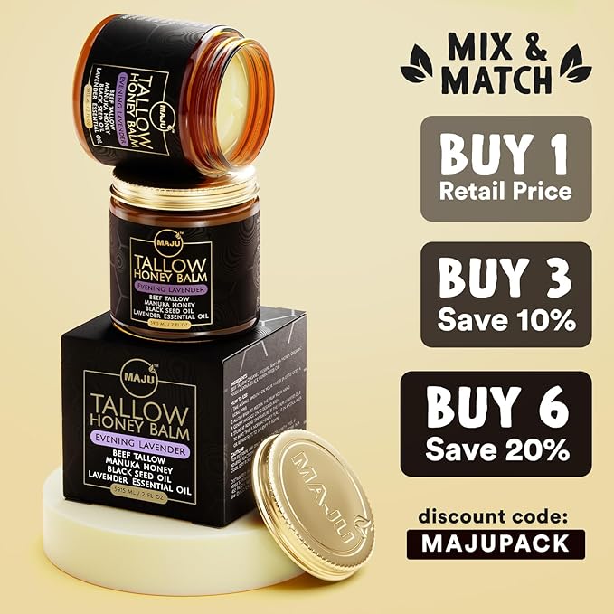 MAJU Tallow Honey Balm, Evening Lavender (2 oz), Grass Fed Beef Tallow for Skin with Organic Black Seed Oil, Manuka Honey and Organic Beeswax, Skin and Face Moisturizer for Deep Hydration