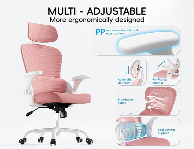 TRALT Office Chair - Ergonomic Office Chair with Back Support, Computer Chair - Home Office Desk Chairs, 330lbs Wide Seat Big and Tall Office Chairs with Headrest, Comfy Desk Chairs (Pink)