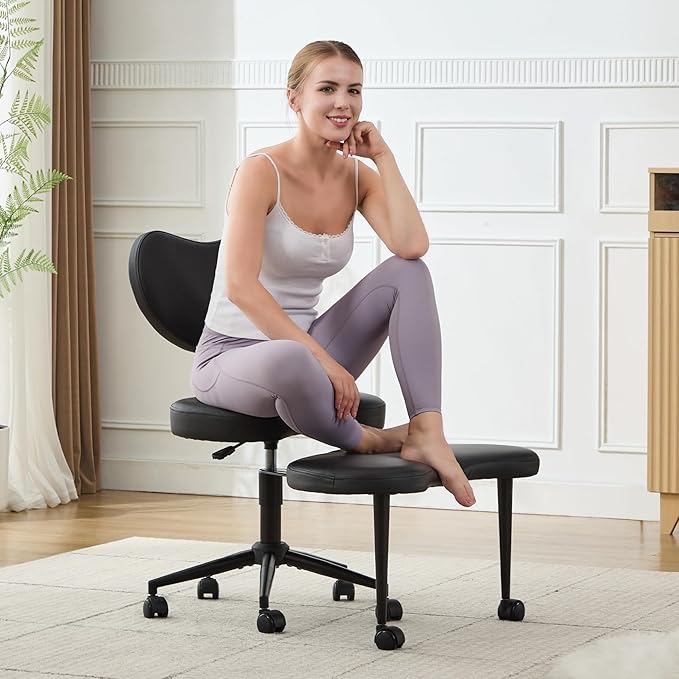Ergonomic Cross Legged Chair with Wheels,360° Swivel Meditation Chair,ADHD Chair, Criss Cross Desk Chair with Lumbar Support and Adjustable Stool, Flexible Design for Fidgety Sitters, Black PU