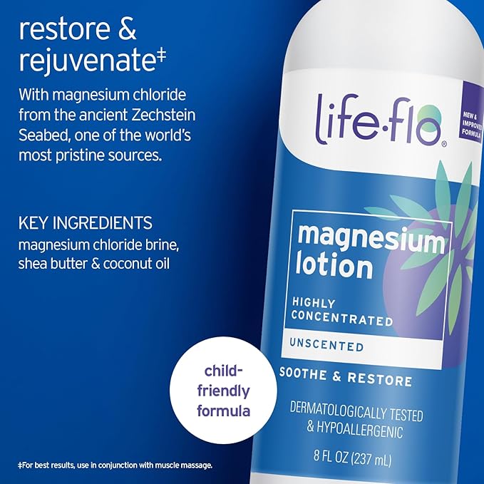 LIFE-FLO Magnesium Lotion - Unscented Body Lotion for Kids and Adults with Highly Concentrated Magnesium Chloride - Soothes Muscles and Joints When Massaged into Skin - Hypoallergenic - 2 8-oz Bottles