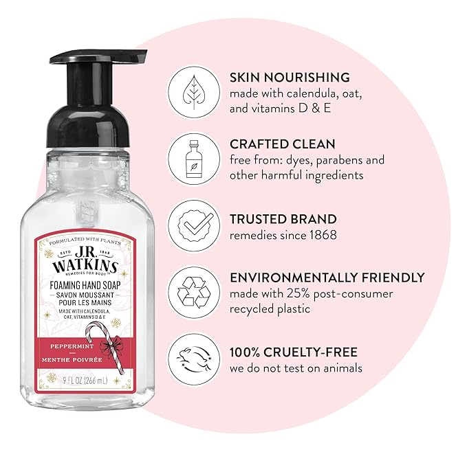 J.R. Watkins Foaming Hand Soap with Pump Dispenser, Moisturizing Foam Hand Wash, Alcohol-Free, Cruelty-Free, Menthe Poivree/Peppermint, 9 fl oz, 3 Pack