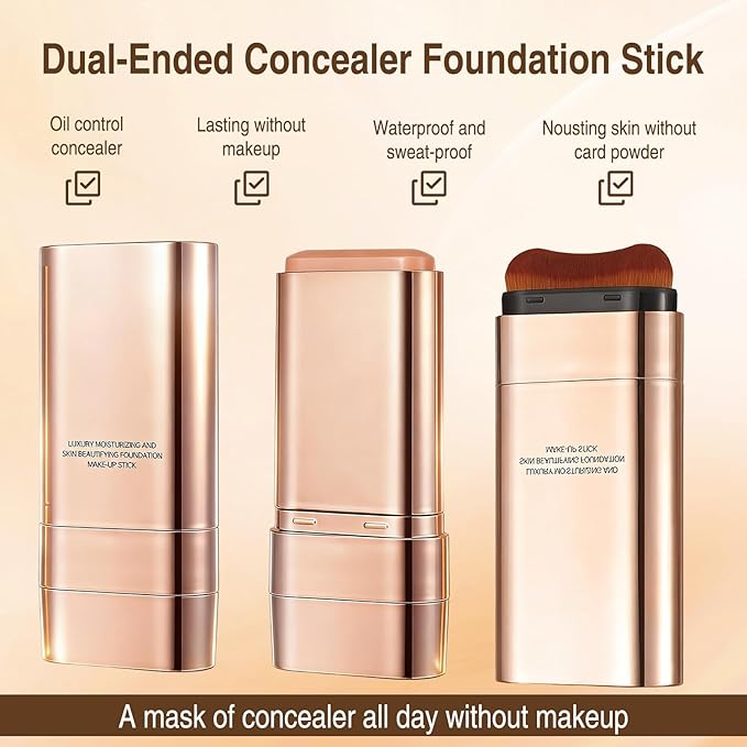 2Pcs Dual-Ended Concealer Foundation Stick, Foundation Stick Korean 3 in 1 with Brush, Lightweight Brighten Flawless Long-Lasting for All Skin Types (Bright White)