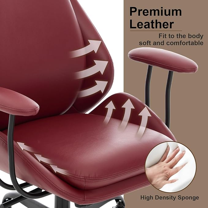 Office Chair, Leather Desk Chair with Rubber Wheels, Ergonomic Computer Chair 500 LBS with Lumbar Support, High Back Executive Chair for Modern Home Office, Red