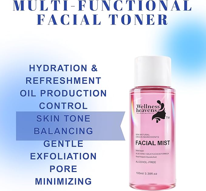 Witch Hazel Toner, Hydrating, Refreshing Face Mist, Rose Water with Salicylic, & Glycolic Acid, Zero Pore Cleanser, Removes Makeup, Dirt, Oil, Fades Dark Spots & Minimizes Pores, Alcohol-Free, 100 ml