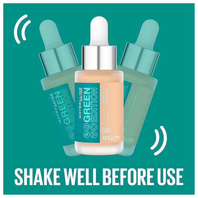 Maybelline Green Edition Superdrop Tinted Oil Base Makeup, Adjustable Natural Coverage Foundation Formulated With Jojoba & Marula Oil, 20, 1 Count