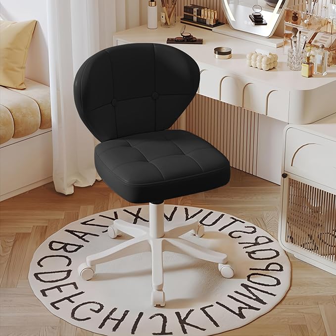 Vanity Chair with Back – Small Armless Office Chair with Wheels, Lumbar Support, PU Leather, Adjustable Height, 360° Swivel for Home, Bedroom, Office Black Set of 1