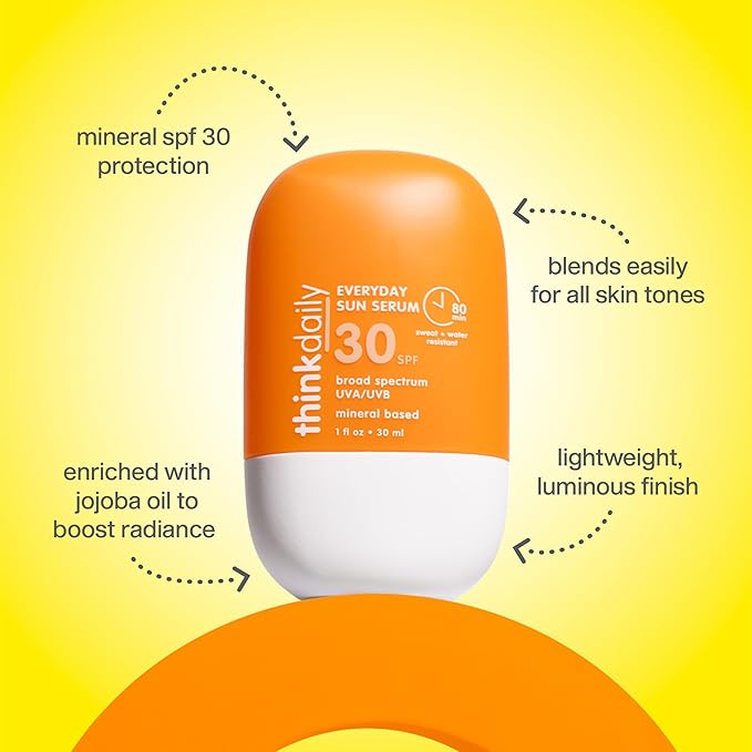 Thinkdaily SPF 30 Sunscreen for Face, Everyday Sun Serum, 1 Fl Oz – Zinc Oxide Mineral Sunscreen, UVA/UVB Protection, Hydrating Jojoba Oil, Vitamin E & Aloe Vera, Non-Sticky, Travel Size