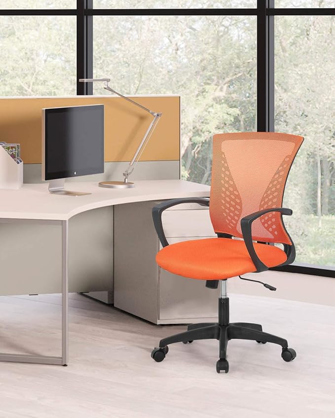 Home Office Chair Mid Back PC Swivel Lumbar Support Adjustable Desk Task Computer Ergonomic Comfortable Mesh Chair with Armrest (Orange)