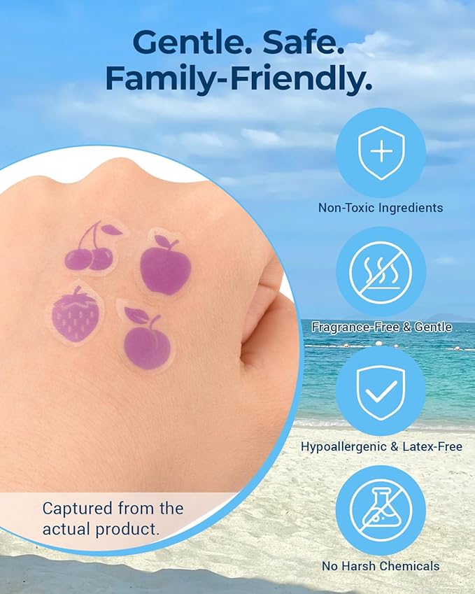 80 Pack UV Detection Stickers for Sunscreen -Sun Protection Stickers for Kids Adults -Waterproof Sunscreen Dots UV Patch Sunblock SPF Sensing Patches for Reapplying Reminder (Fruit | Purple)