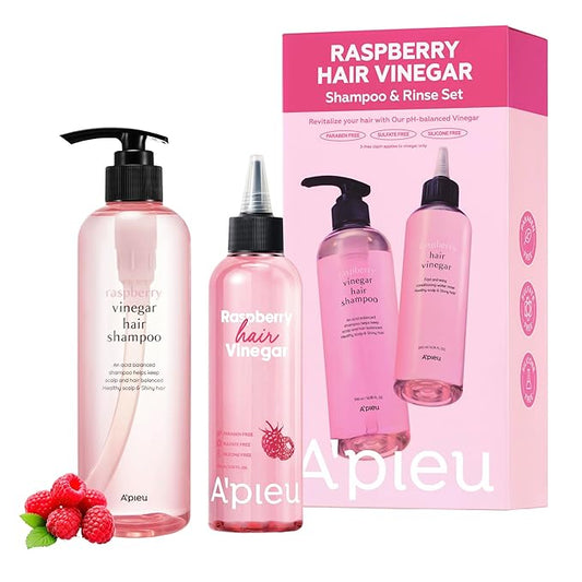 A’PIEU Raspberry Hair Vinegar Shampoo & Rinse Treatment Set for Scalp Clarifying, Smooth & Shiny Hair, Dandruff & Buildup Removal, Fresh Raspberry Scent, Korean Haircare (6.76 fl oz | 16.9 fl oz)