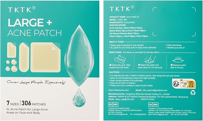 Large Pimple Patches for Face, 7 Sizes Big Acne Patches, XL Hydrocolloid Bandages for Body, Chin, Forehead, Nose, Back Blemish Zit Breakouts, Hydrocolloid Patch (Square, Strip, Dot 306 Count)