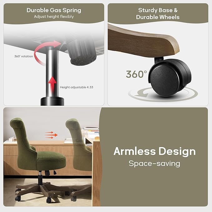 HUIMO Home Office Chair Upholstered Armless Desk Chair with Wheels Adjustable Height Computer Desk Chair with Wooden Legs Comfortable Swivel Chair for Home Office Study Studio (Green)