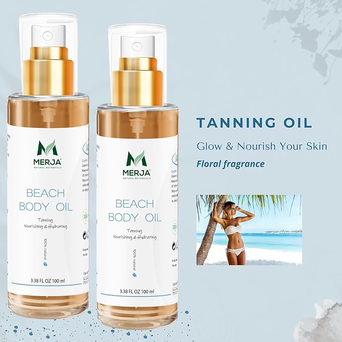 Merja Herbs Beach Body Tan Oil - For Uniform Tanning & Hydration - Hydrates & Nourishes Skin - Cold Pressed Oil - 100% Natural & Premium Quality 100ml 3.38Oz