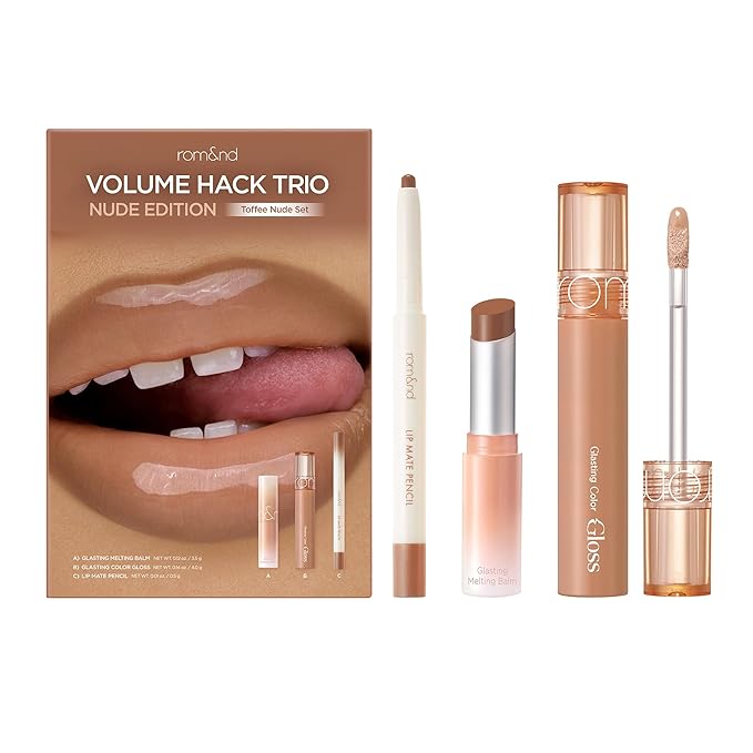 rom&nd Volume Hack Trio Lip Plumping Set - Toffee Nude Edition - 3-Step Liner, Balm & Gloss for Full, High-Shine Pout