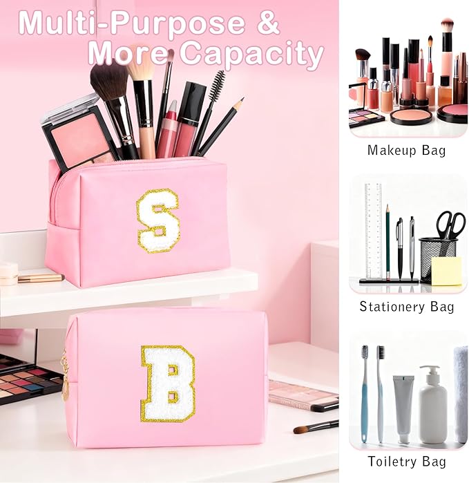 Initial Makeup Bag - Birthday Gifts for Girls 4 5 6 7 8 9 10 11 12 Year Old Teen Girls, Personalized Teen Girl Gifts - Preppy Cosmetic Bags Cute claw clips for Kids Women (Pink B)