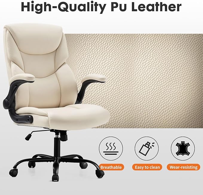 DUMOS PU Leather Office Chair - Ergonomic Executive Computer Desk Chairs with Adjustable Flip-up Armrest, Swivel Task Chair with Lumbar Support, Strong Metal Base, Cream White