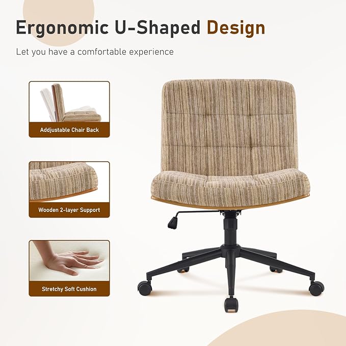 Furnimart Heavy-Duty Curved FSC Wood Desk Chair 360° Swivel, Premium Chenille Criss Cross Chair with Wheels Wide Seat, Comfy Armless Cross Legged Sitting for Bedroom, Office, Vanity (Light Brown)
