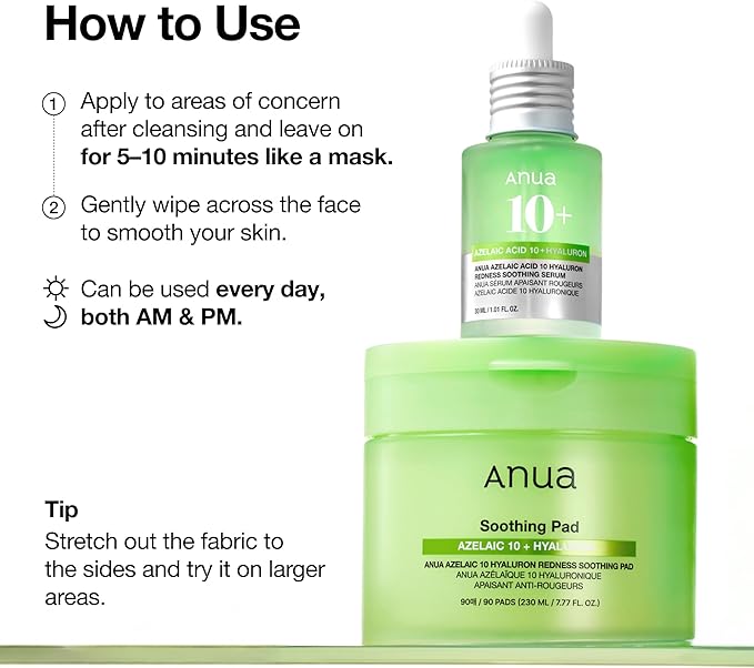 ANUA Azelaic 10 Hyaluron Redness Soothing Pad, Troubled & Spot Care, Quick & Easy Stretchable Facial Mask with Azelaic acid, Hyaluronic Acid, Korean Skincare (90 pads)