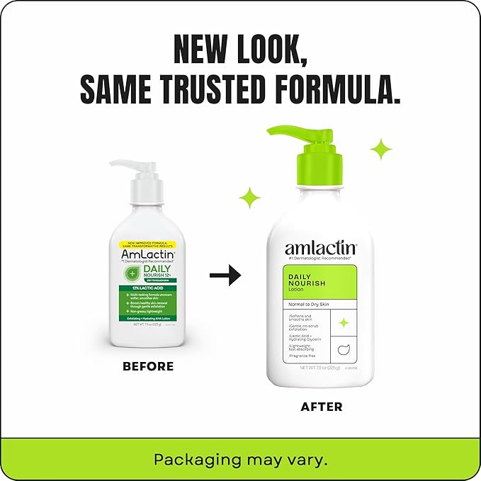 AmLactin Daily Nourish Therapeutic Body Lotion for Dry Skin - No-Scrub Exfoliator and Moisturizer - AmLactin 12% Lactic Acid Lotion, 7.9 oz (Packaging May Vary)
