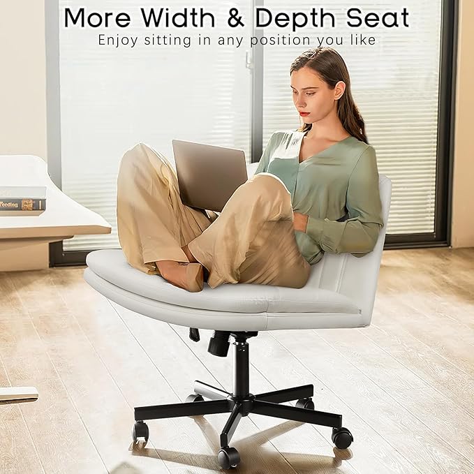 PUKAMI Criss Cross Chair,Comfy Cross Legged Office Desk Chair No Wheels,Modern Fabric Swivel Adjustable Height Mid Back Wide Seat for Home Office Computer (Pu White with Wheels)