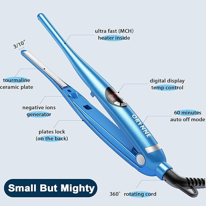 3/10'' Small Pencil Flat Iron for Short Hair, Pixie Cut, Edges. 5s Ultra Fast Heat Up, 270℉-450℉ Adjustable Temperatures, Tourmaline Ceramic & Ionic Technology, Dual Voltage for Travel, Blue