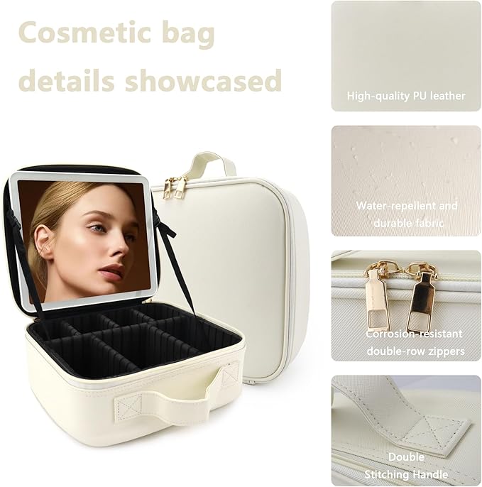Makeup Bag with Led Mirror,Large Vanity Makeup Cases with 3 Color Setting,Portable Storage and Adjustable Dividers,for Women and Makeup Artists Cosmetic Organizer Travel Makeup Bag-White