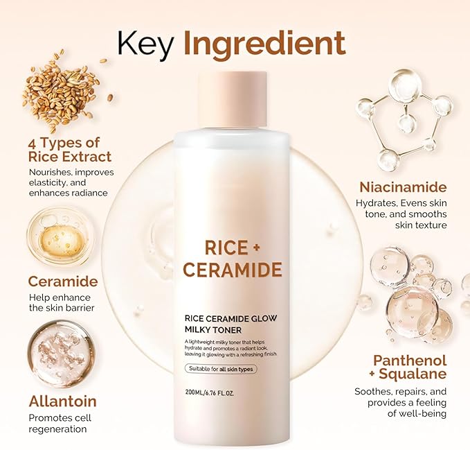 Rice Glow Milky Toner for Face - Hydrating Facial Toner with Ceramide & Niacinamide, Strengthens Skin Barrier (200ml) + 100-Count Fluorescent-Free Stretchable Cotton Pads