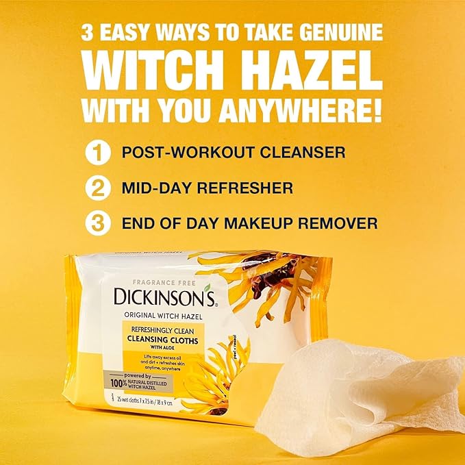Dickinson's Original Witch Hazel Refreshingly Clean Cleansing Cloths with Aloe | 100% Natural Distilled Witch Hazel | Cleanses & Refreshes Skin | Extra-Large Cloths | Pack of 1 | 25 Cloths per Pack