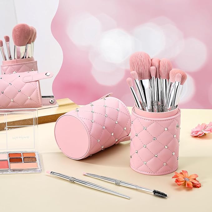 Baderke 11 Pcs Elegant Pink Soft Labeled Christmas Makeup Brushes Sets with Brush Holder Rhinestone Makeup Set with Silver Pink Foundation Powder Blush Blending Contour Brush