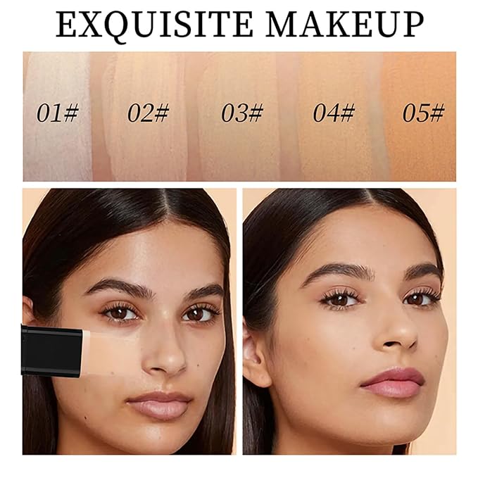 Dual-Ended Foundation & Concealer Stick with Built-in Brush, Long-Wear Matte Korean Full-Coverage Makeup, Waterproof Hydrating Contour for All Skin Tones (03#LIGHT SKIN)