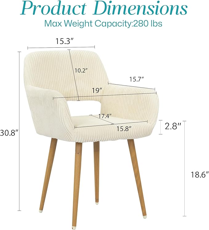 HENJIANYI Home Office Corduroy Desk Chair, Makeup Vanity Chair, Comfy Accent Armchair with Wood Grain Metal Legs, Cute Dining Chair with Hollowed Back, Beige