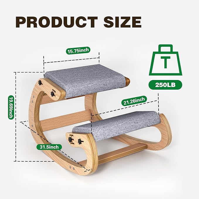 Ergonomic Kneeling Chair with Wooden Frame - Adjustable Height Office Chair with Soft Padding for Back Pain Relief, Posture Correcting Home & Office Desk Chair Wood