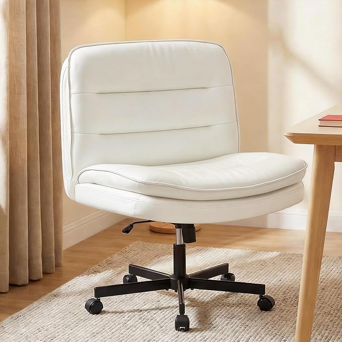 GTPLAYER Cross Legged Office Chair, Armless Desk Chair Cute Vanity Chair with Wheels Computer Chair Comfy Wide Office Chair Adjustable Swivel for Home Computer Task,Pu Leather Beige