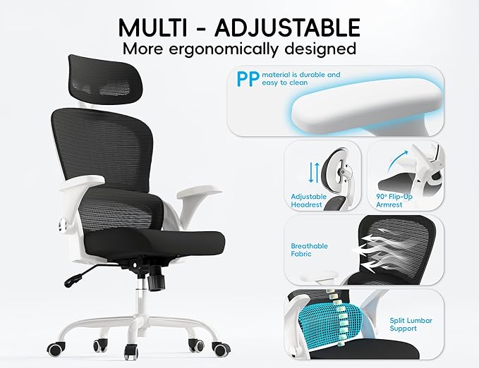 TRALT Office Chair - Ergonomic Office Chair with Back Support, Computer Chair - Home Office Desk Chairs, 330lbs Wide Seat Big and Tall Office Chairs with Headrest, Comfy Desk Chairs (White Black)
