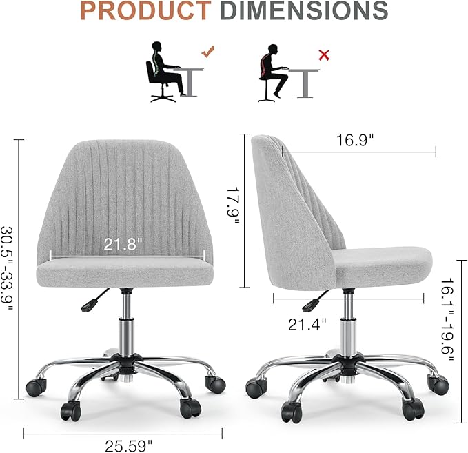 DUMOS Office Chair, Comfy Desk Chair Rolling Vanity Swivel Task Chairs with Wheels, Wide Seating Armless Height Adjustable Computer Chairs for Home,Bedroom,Student,Adults, Dull Gray