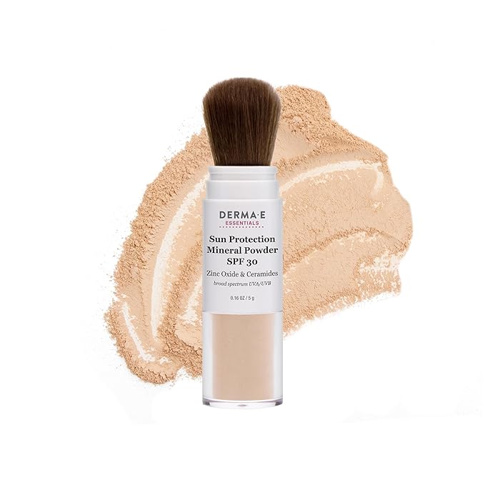 DERMA E Mineral Sunscreen for Face, SPF 30 Brush On Sun Protection Mineral Powder Sunscreen, 0.16 Oz, Mattifying Zinc Oxide & Ceramides, Sets Makeup, Controls Oil, Translucent Finish, All Skin Tones