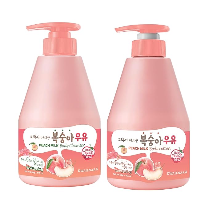 Kwailnara Peach Milk Body Wash & Lotion Set (19.75 Oz Each) – 2-Piece Korean Skincare Duo for Clear & Radiant Skin | Milk Protein, Royal Jelly & Vitamin-Rich Peach Extract | Paraben-Free