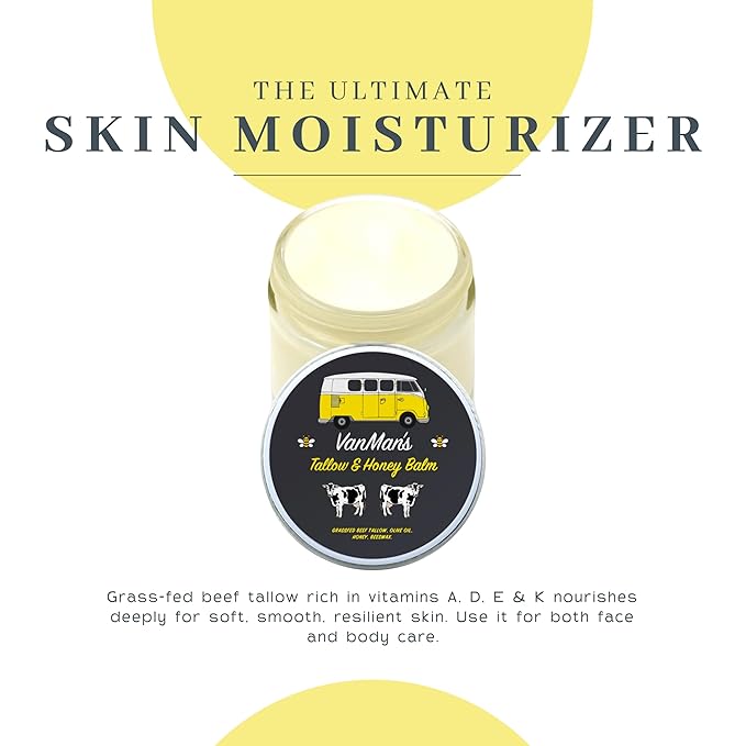 Vanman's Tallow and Honey Balm With No Added Scent - Face Moisturizer with Grass-Fed/Finished Beef Tallow for Skin, Organic Raw Honey and Beeswax, Cold Pressed Olive Oil - 2 oz