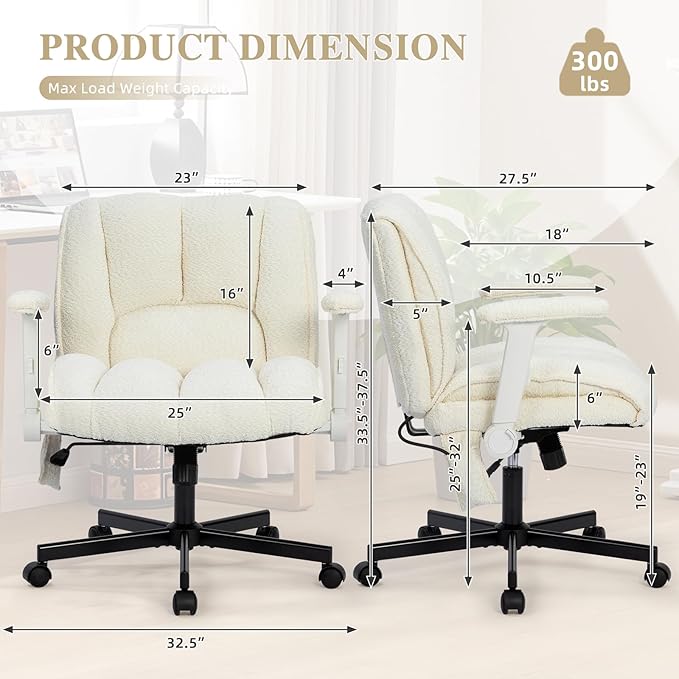 Criss Cross Legged Office Chair with Flip-Up Arms and Wheels, Wide Seat Desk Chair with Built-In Dynamic Airbag Lumbar Support, Modern Cross-Leg Chair for Home Office, Apartment, Vanity, Beige