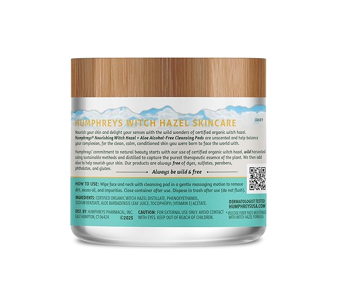 Humphreys Witch Hazel Nourishing Cleansing Pads | Wild Harvested Witch Hazel & Aloe | Hydrating, Natural Alcohol-Free Formula | 60 Rounds
