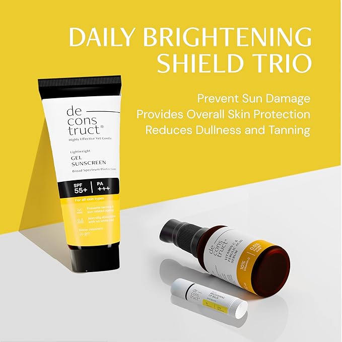 Deconstruct Daily Brightening Shield Trio: Gel sunscreen (50g) + Vitamin C Serum (30ml) + Brightening Lip Balm (4g) | Vitamin C Serum for Oily Skin (Pack of 3)
