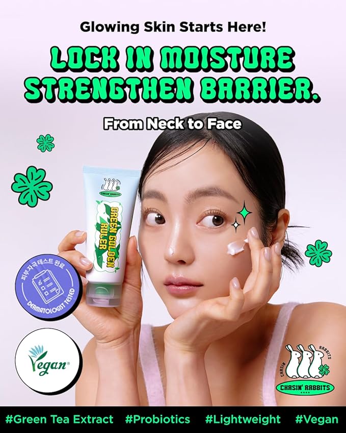 CHASIN' RABBITS Green Golden Ruler Cream | Vegan Intensive Moisturizing and Nourishing Face and Neck Moisturizer with Green Tea Extract and Probiotics | 75mL/2.53 fl. oz.